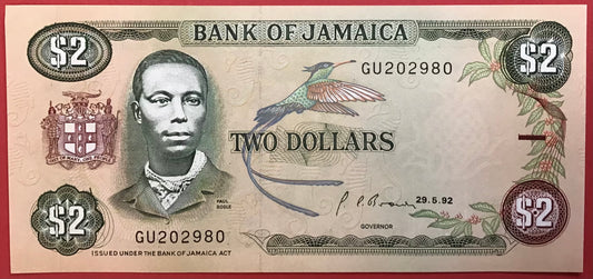 Jamaica - 2 Dollars 29.5.1992 P#69d Kvalitet 01