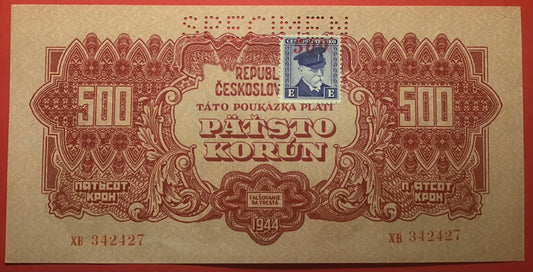 Czechoslovakia - 500 Korun (1945- Old date 1944) P#55s *Specimen* Kvalitet 01/0