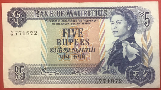 Mauritius - 5 Rupees (1967) P#30c Kvalitet 1+