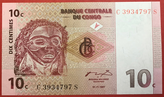 Congo Democratic Republic - 10 Centimes 1.11.1997 P#82a Kvalitet 0
