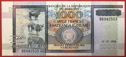 Burundi - 1000 Francs 1.7.2000 P#39c Kvalitet 0