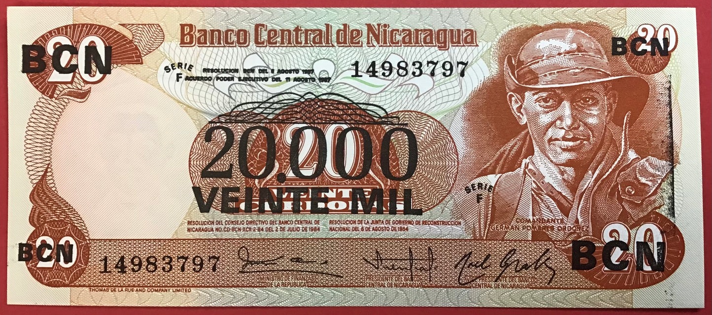 Nicaragua - 20.000 Córdobas on 20 Córdobas (1987) P#147 Kvalitet 0