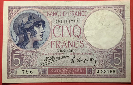 France - 5 Francs 18.3.1925 P#72c Kvalitet 1/1+