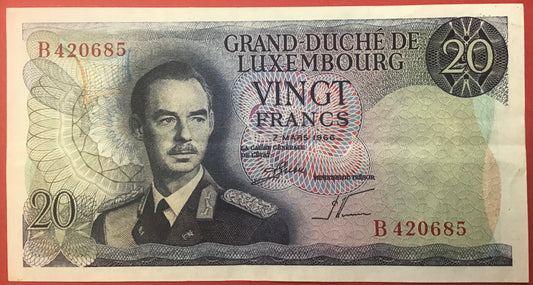 Luxembourg - 20 Francs 7.3.1966 P#54a Kvalitet 1+