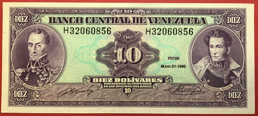 Venezuela - 10 Bolivares 31.5.1990 P#61b Kvalitet 01/0