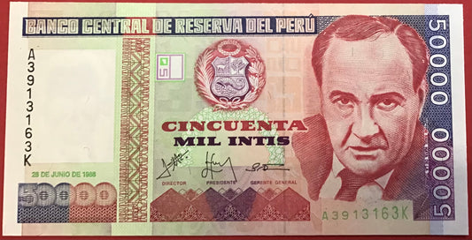 Peru - 50.000 Intis 28.6.1988 P#142 Kvalitet 0