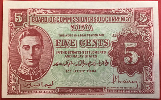 Malaya/Board Of Commissioners Of Currency - 5 Cents 1.7.1941 P#7b Kvalitet 0