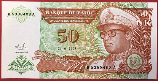 Zaïre - 50 Nouveaux Makuta 24.6.1993 P#51 Kvalitet 0