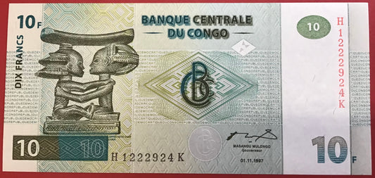 Congo Democratic Republic - 10 Francs 1.11.1997 P#87B Kvalitet 0