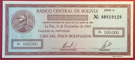 Bolivia - 10 Centavos on 100.000 Pesos Bolivianos (1987) P#197 Kvalitet 0