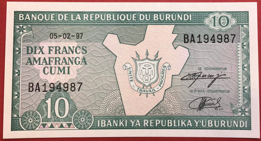 Burundi - 10 Francs 5.2.1997 P#33d Kvalitet 0