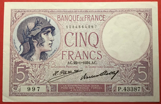 France - 5 Francs 22.1.1931 P#72d Kvalitet 01