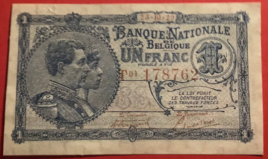 Belgium - 1 Franc 25.10.1920 P#92 Kvalitet 1+/01