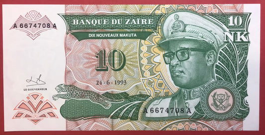 Zaïre - 10 Nouveaux Makuta 24.6.1993 P#49 Kvalitet 0