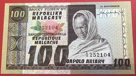 Madagascar - 100 Francs/20 Ariary (1974-75) P#63a Kvalitet 0