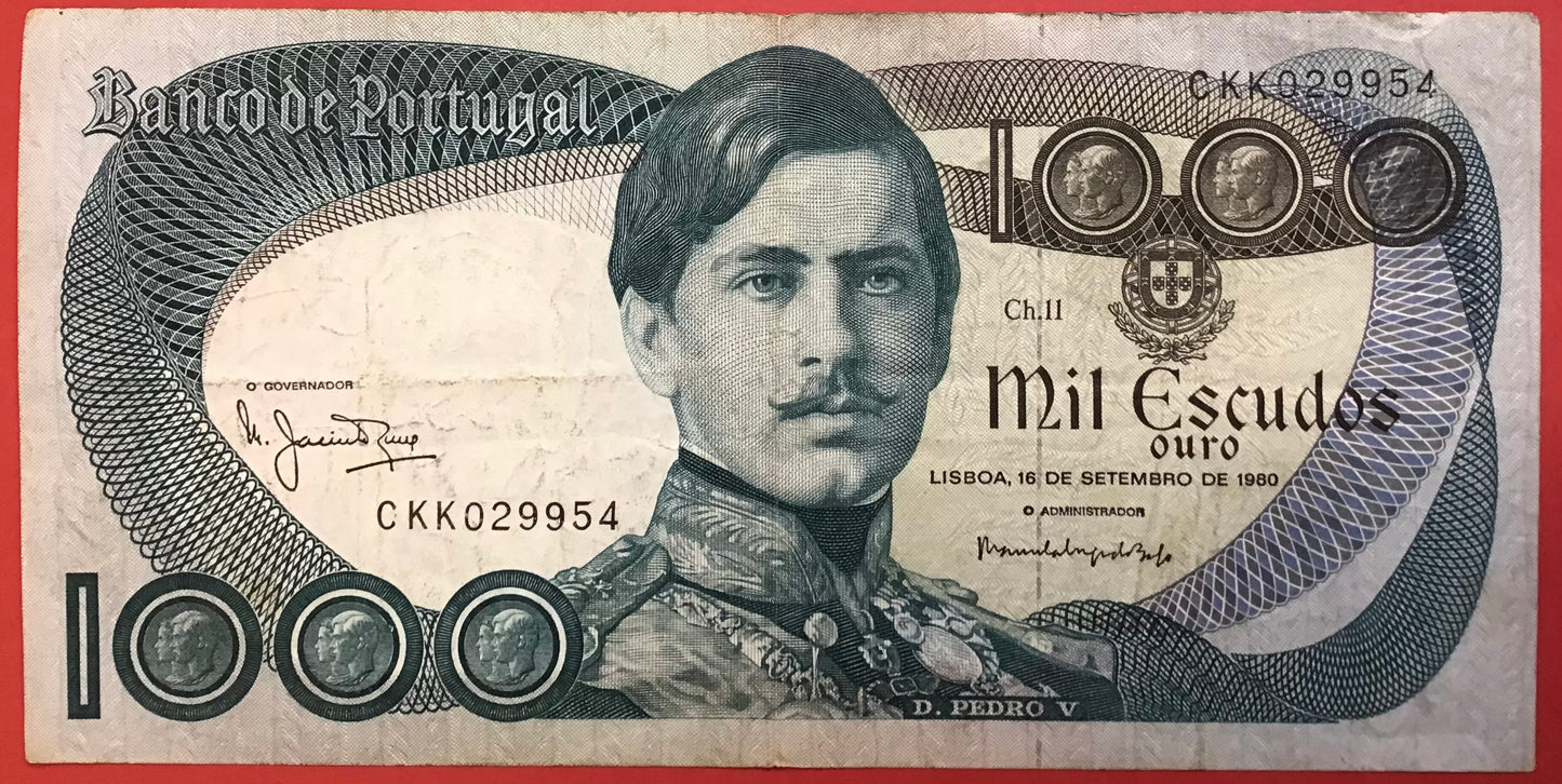 Portugal - 1000 Escudos 16.9.1980 P#175b Kvalitet 1/1+ (Har et riv i højre top)