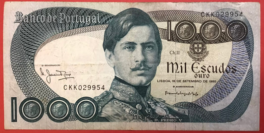 Portugal - 1000 Escudos 16.9.1980 P#175b Kvalitet 1/1+ (Har et riv i højre top)