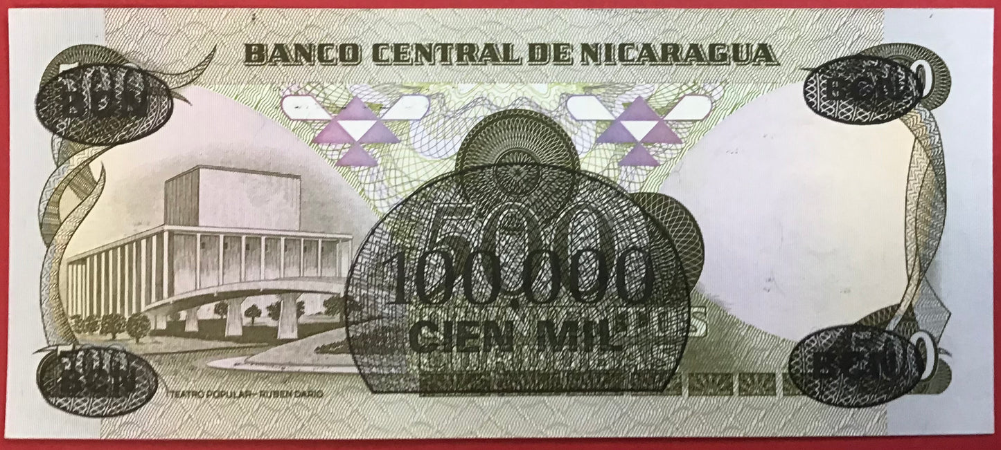 Nicaragua - 100.000 Córdobas on 500 Córdobas (1987) P#149 Kvalitet 0