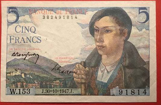 France - 5 Francs 30.10.1947 P#98b Kvalitet 1+ *Pinholes*