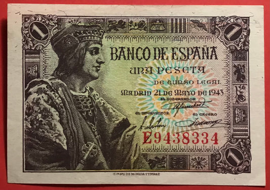 Spain - 1 Peseta 21.5.1943 P#126a Kvalitet 01