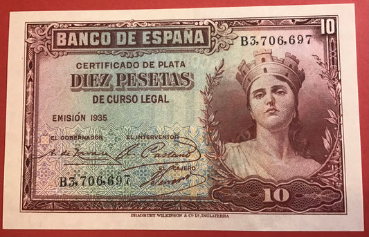Spain - 10 Pesetas 1935 P#86a Kvalitet 0