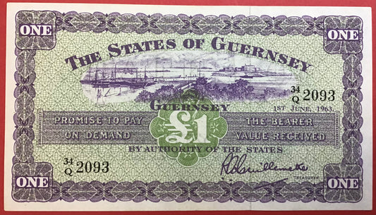 Guernsey - 1 Pound 1.6.1963 P#43b Kvalitet 01/0