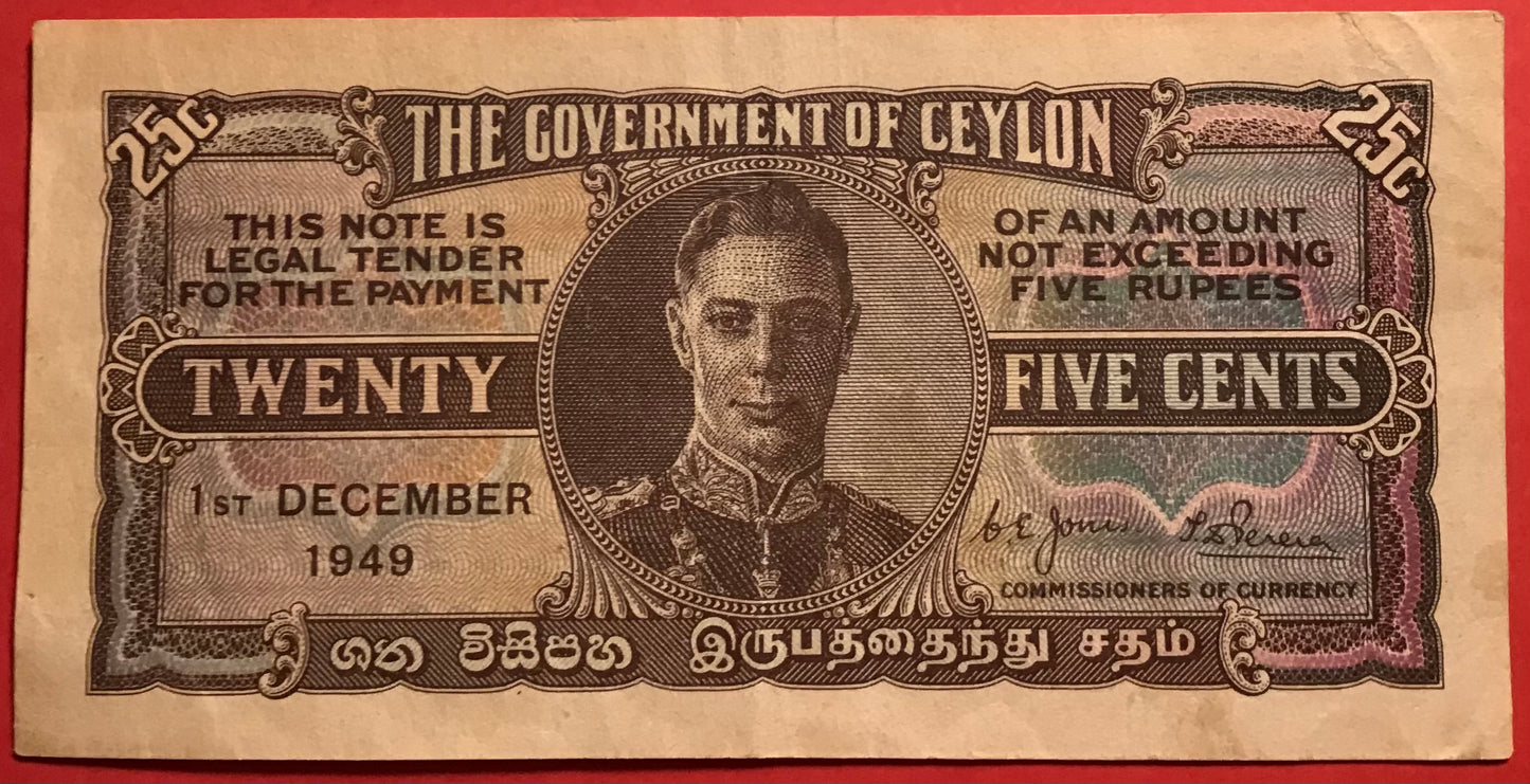 Ceylon - 25 Cents 1.12.1949 P#44b Kvalitet 1+