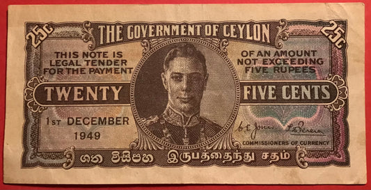 Ceylon - 25 Cents 1.12.1949 P#44b Kvalitet 1+
