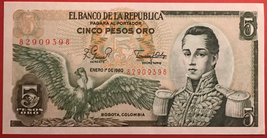 Colombia - 5 Peso Oro 1.1.1980 P#406f Kvalitet 01