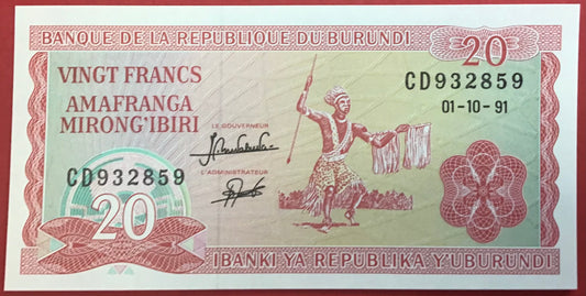 Burundi - 20 Francs 1.10.1991 P#27c Kvalitet 0