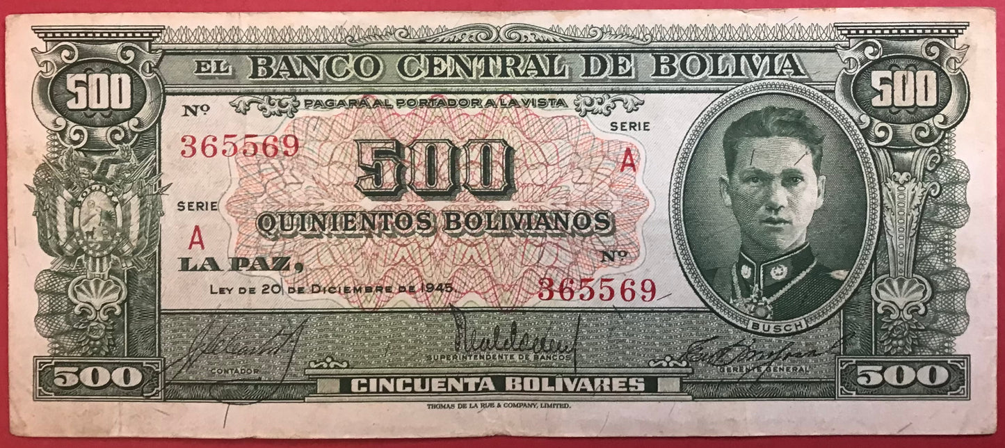 Bolivia - 500 Bolivianos (1945) P#148 Kvalitet 1/1+