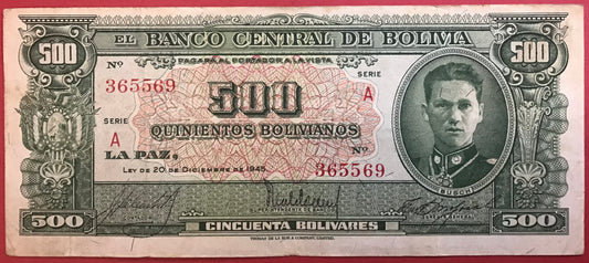 Bolivia - 500 Bolivianos (1945) P#148 Kvalitet 1/1+