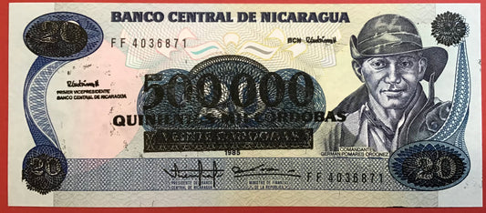 Nicaragua - 500.000 Córdobas on 20 Córdobas (1990) P#163 Kvalitet 0