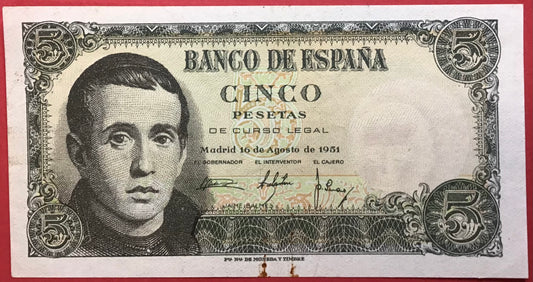 Spain - 5 Pesetas 16.8.1951 P#140a Kvalitet 01