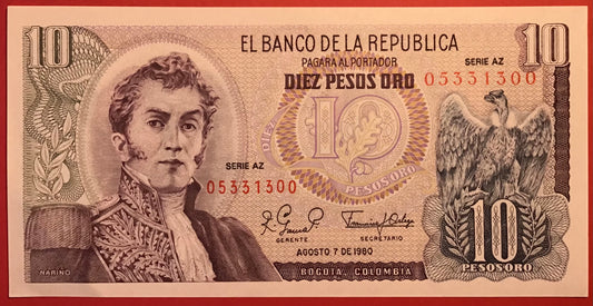 Colombia - 10 Pesos Oro 7.8.1980 P#407g Kvalitet 01