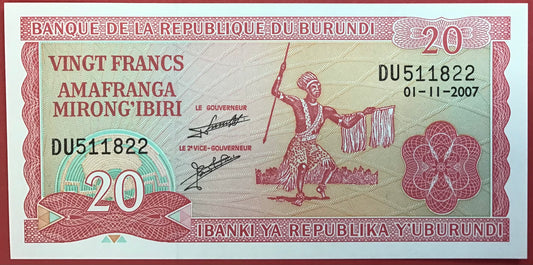 Burundi - 20 Francs 1.11.2007 P#27d Kvalitet 0