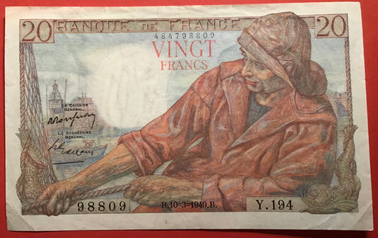France - 20 Francs 10.3.1949 P#100c Kvalitet 1+