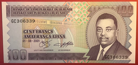 Burundi - 100 Francs 1.8.2001 P#37c Kvalitet 0