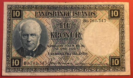 Iceland - 10 Krónur (1928) P#28c Kvalitet 1