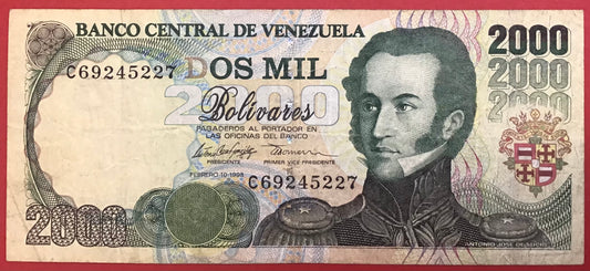 Venezuela - 2000 Bolívares 10.2.1998 P#77b Kvalitet 1