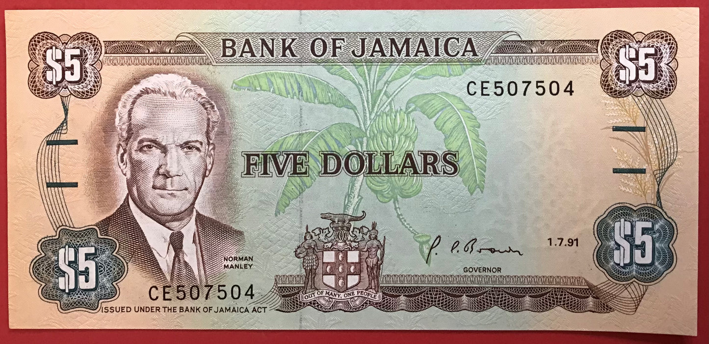 Jamaica - 5 Dollars 1.7.1991 P#70d Kvalitet 0