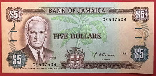 Jamaica - 5 Dollars 1.7.1991 P#70d Kvalitet 0