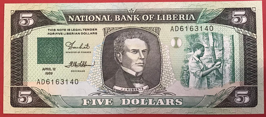 Liberia - 5 Dollars 12.4.1989 P#19 Kvalitet 0