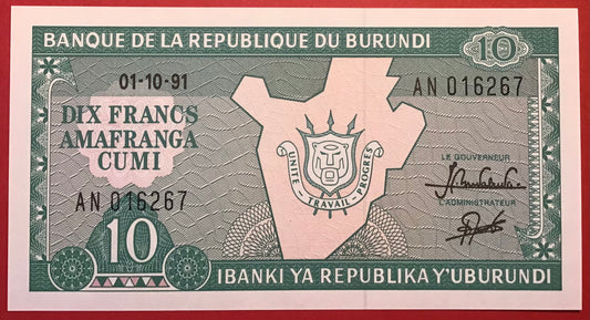 Burundi - 10 Francs 1.10.1991 P#33b Kvalitet 0