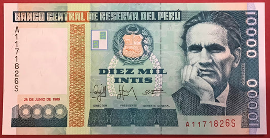 Peru - 10.000 Intis 28.6.1988 P#141 Kvalitet 0