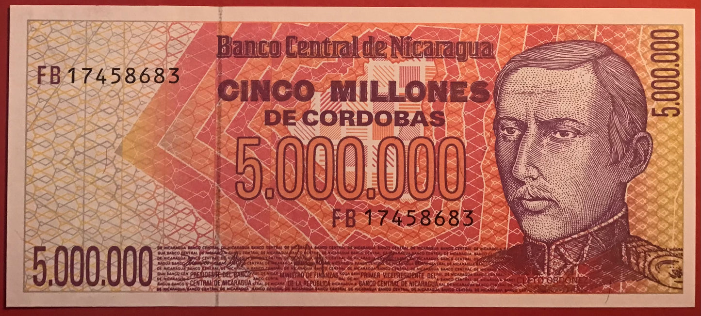 Nicaragua - 5 Million Córdoba (1990) P#165 Kvalitet 0