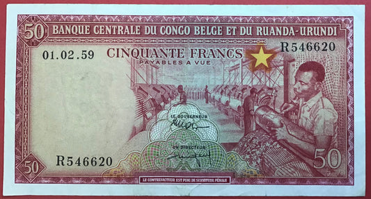 Belgian Congo - 50 Francs 1.2.1959 P#32 Kvalitet 1+