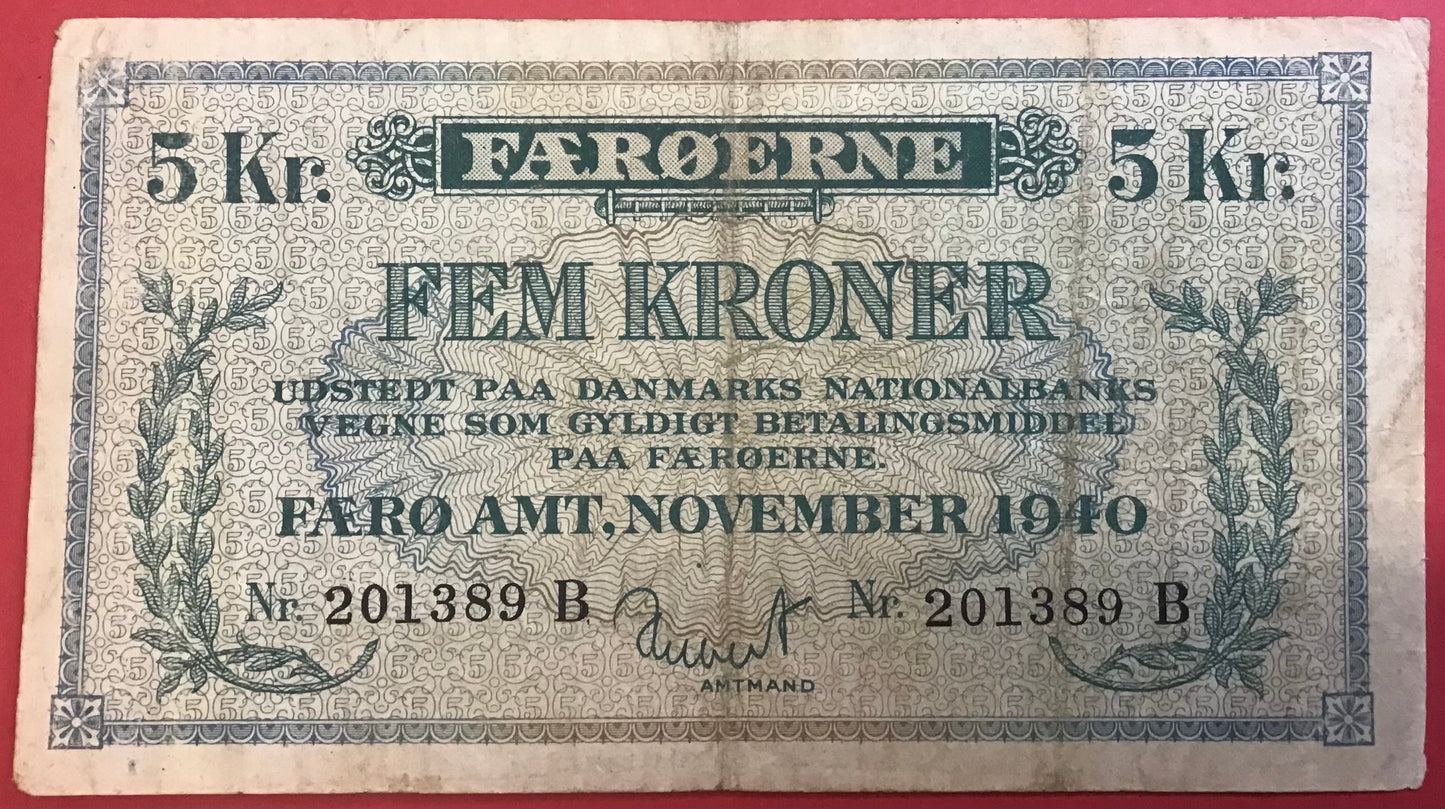 Færøerne - 5 Kroner 1940 (201389B) Sieg#16 Kvalitet 1