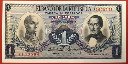 Colombia - 1 Peso Oro 7.8.1973 P#404e Kvalitet 0