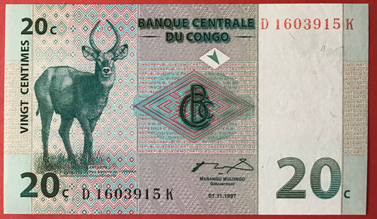 Congo Democratic Republic - 20 Centimes 1.11.1997 P#83a Kvalitet 0